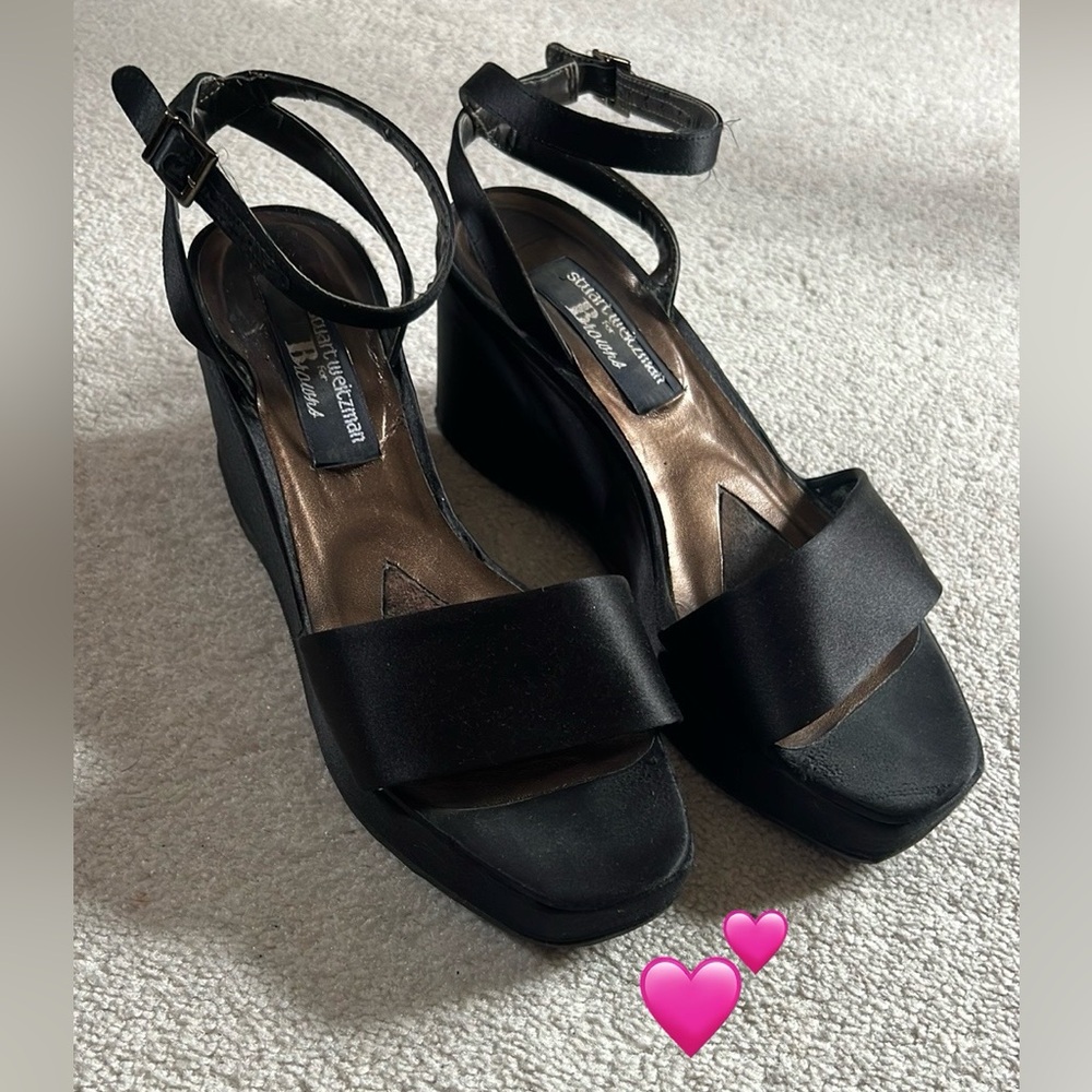 Stuart Weitzman for ‘Browns Couture’ Black Satin Wedge Shoes with Ankle Strap